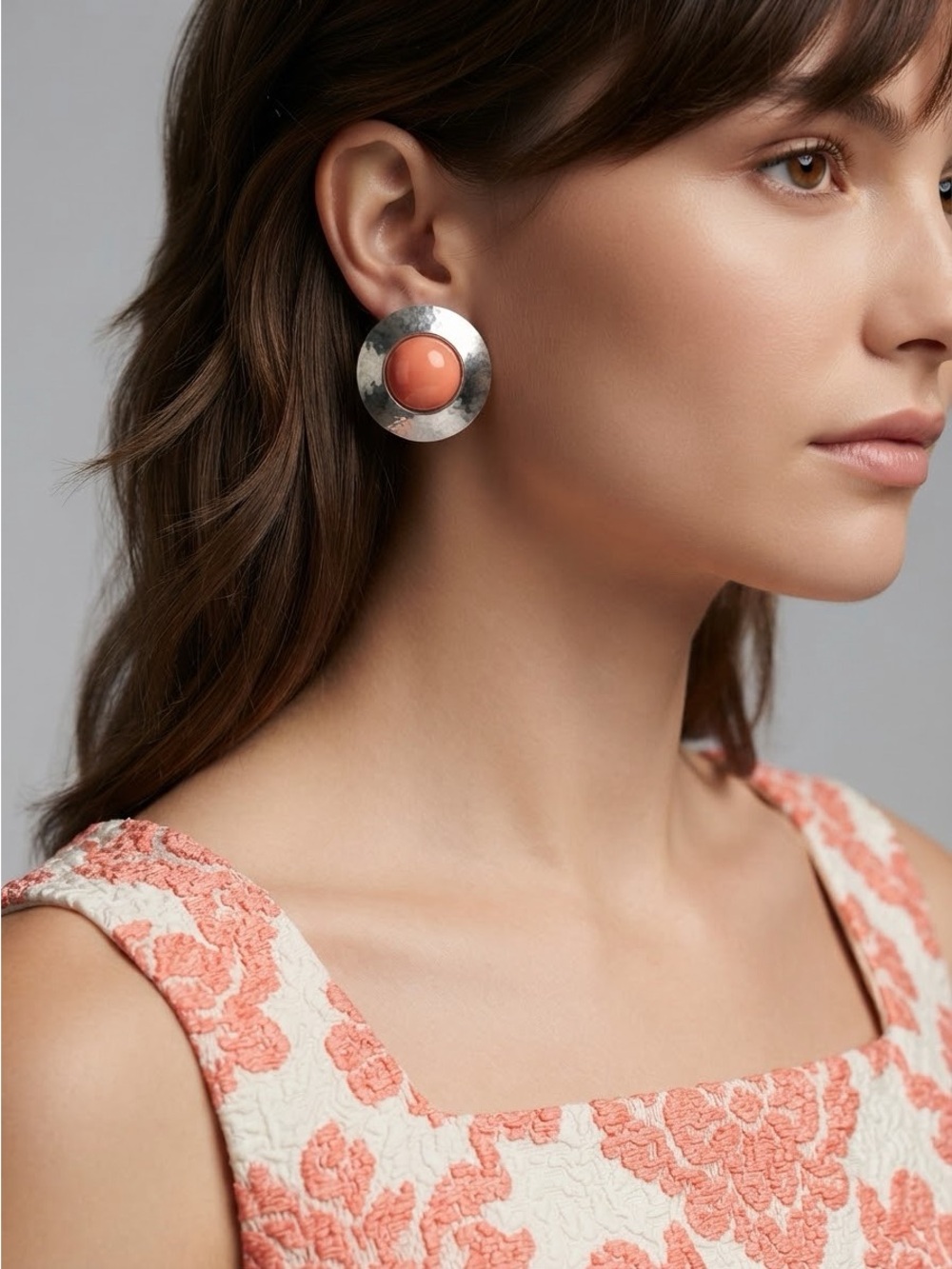 Vintage Brutalist Clip-On Earrings | Silver Tone Coral Orange Cabochon Earrings